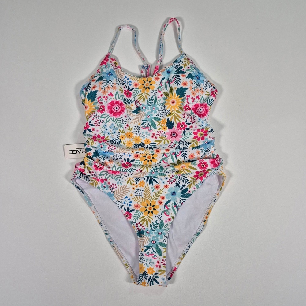 Aimage Floral One Piece Swimsuit Ruched‎ Cutout Back Multicolor NWT Size Medium